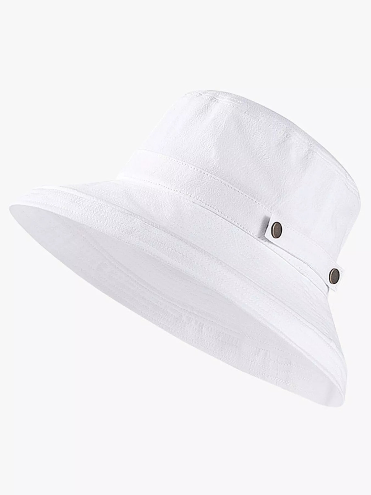 White wide-brim sun hat shown at an angle with side snaps