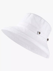 White wide-brim sun hat shown at an angle with side snaps