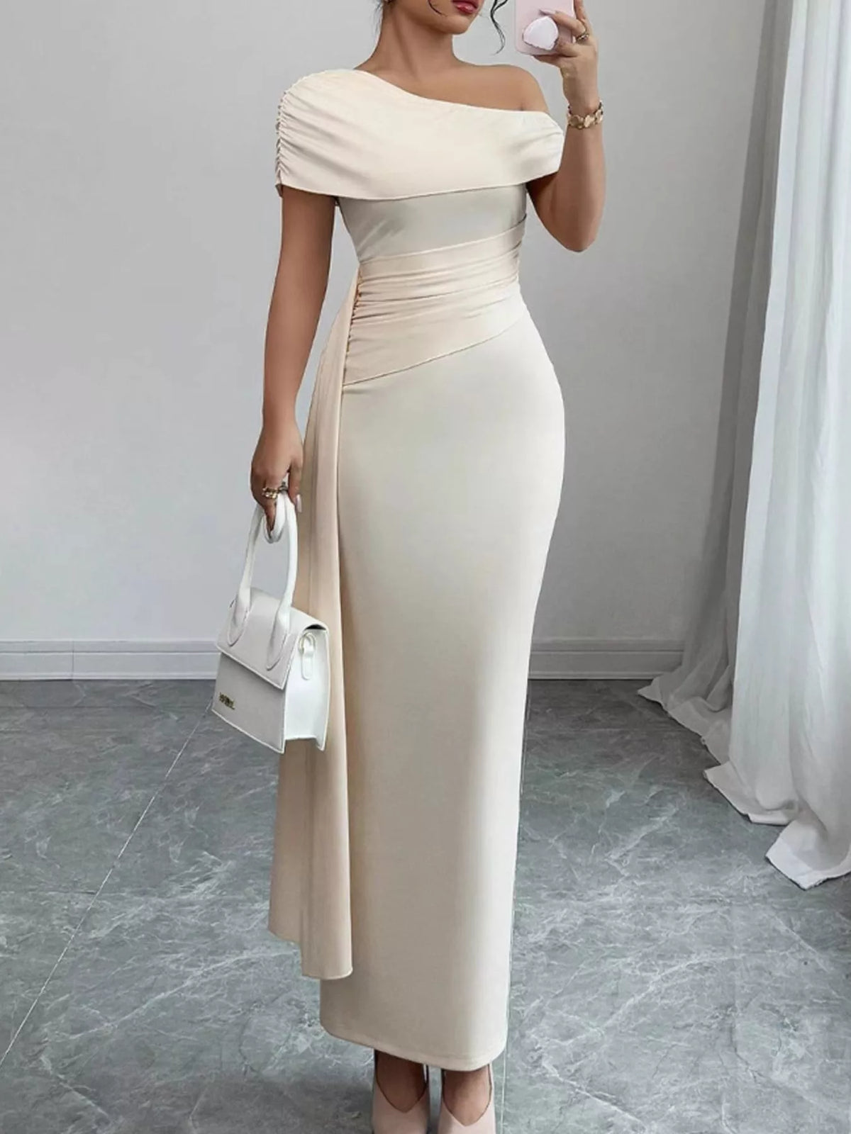 Ivory one-shoulder ruched maxi dress, front view