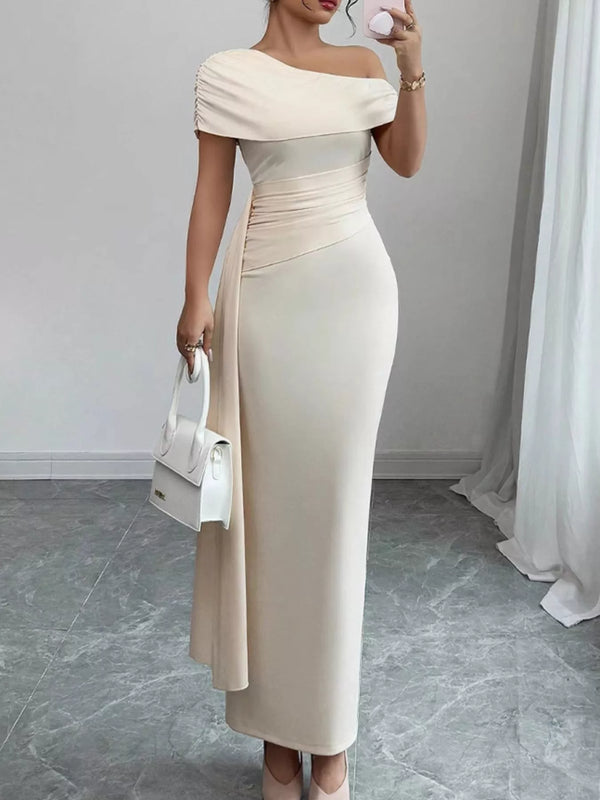 Ivory one-shoulder ruched maxi dress, front view