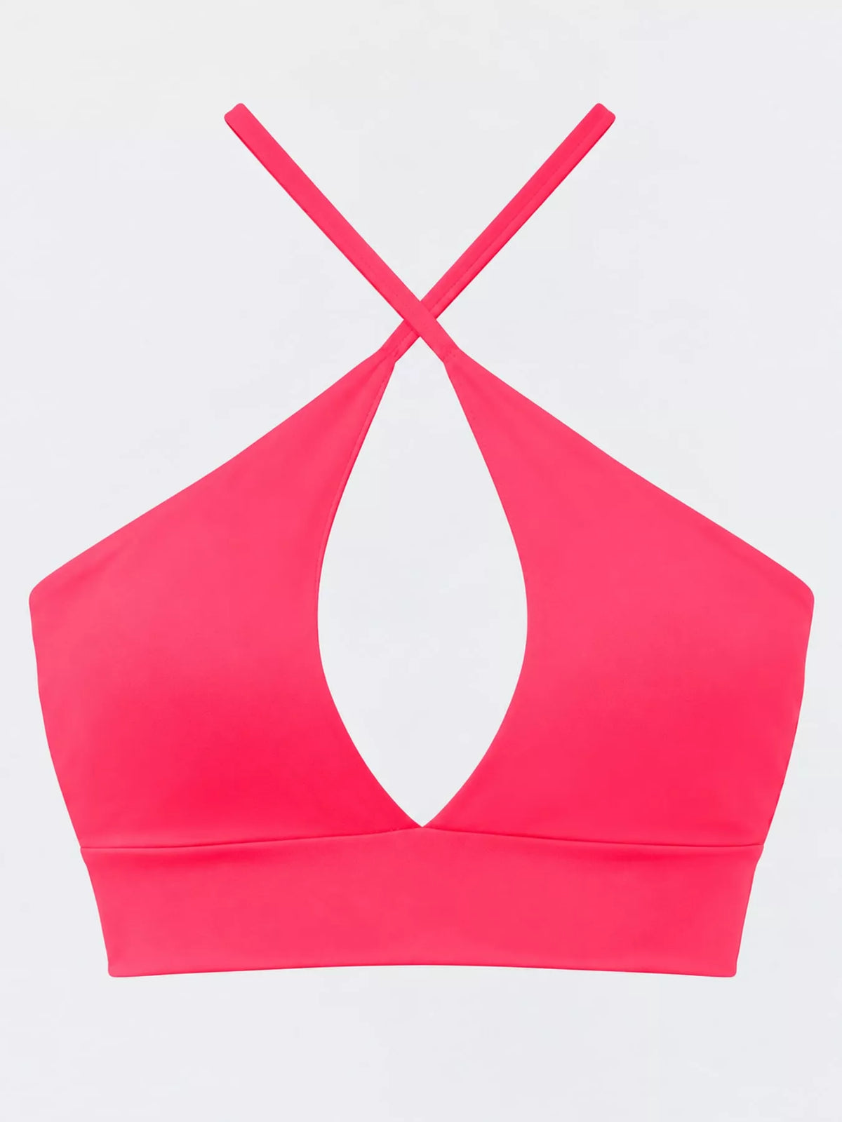 Back view of bright pink halter crop cami with crossed straps