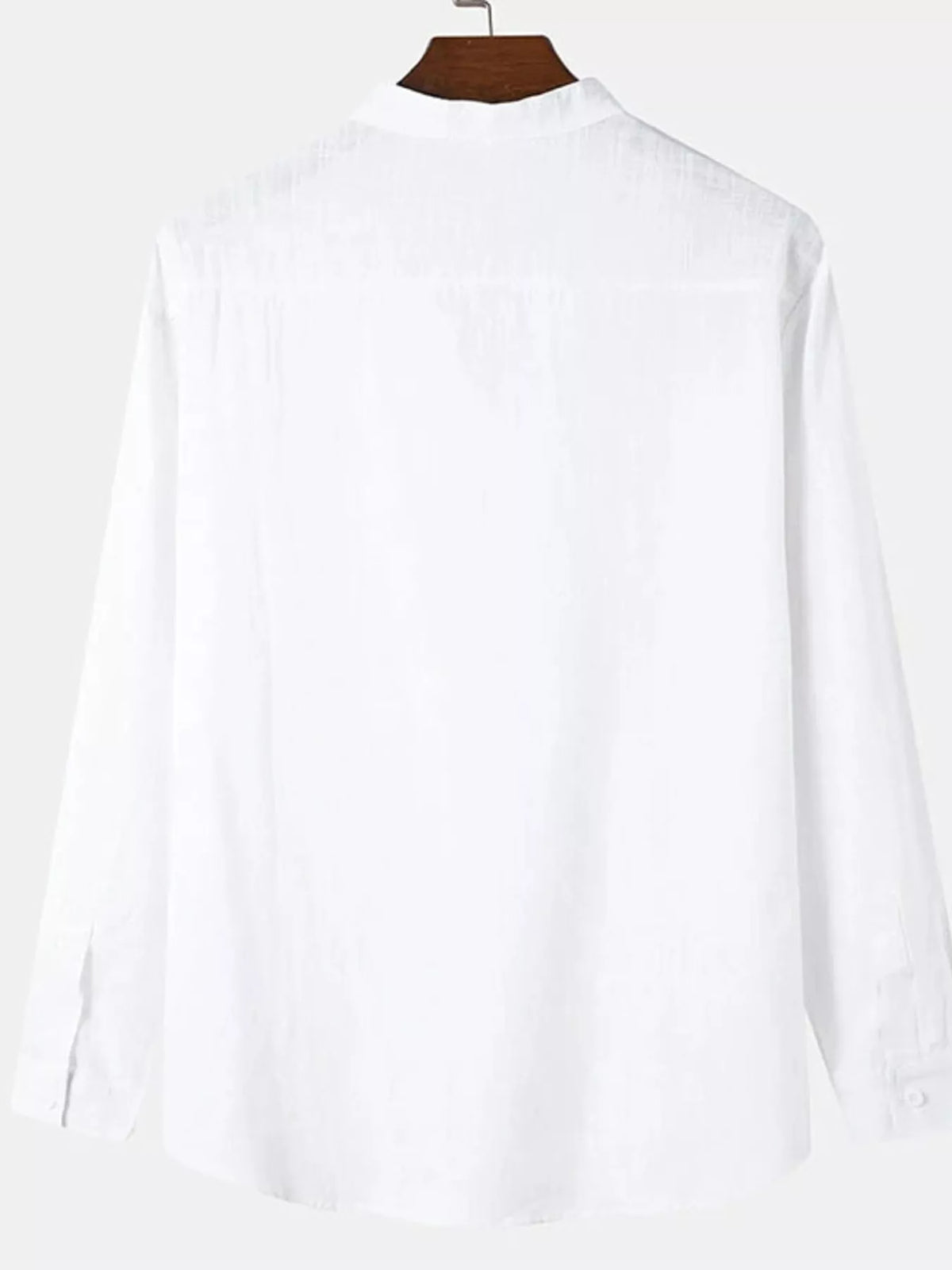 Back view of a plain white long-sleeve shirt on a hanger