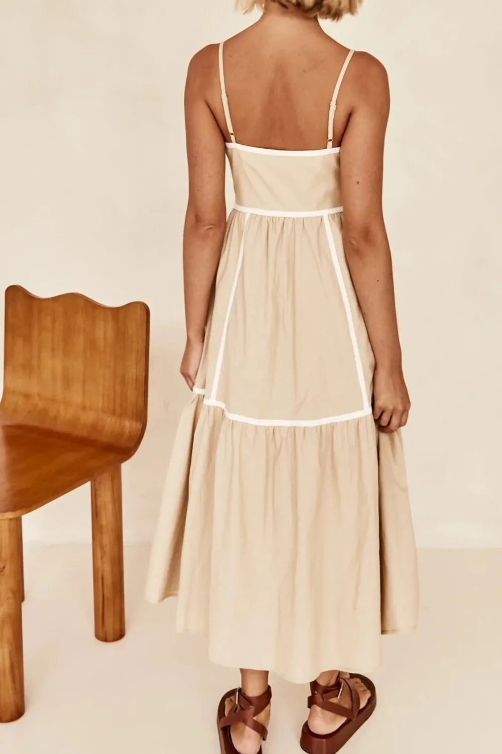 contrast trim square neck midi cami dress in tan, alternate detail view
