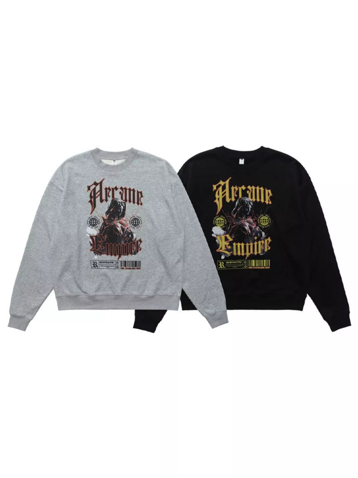 Gray and black gothic graphic sweatshirts shown together