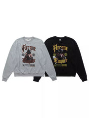 Gray and black gothic graphic sweatshirts shown together