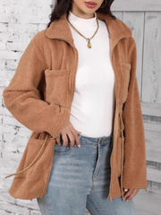Drawstring zip-up long-sleeve outerwear in camel worn open front view