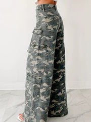 Side view of gray camo wide-leg jeans with cargo pocket