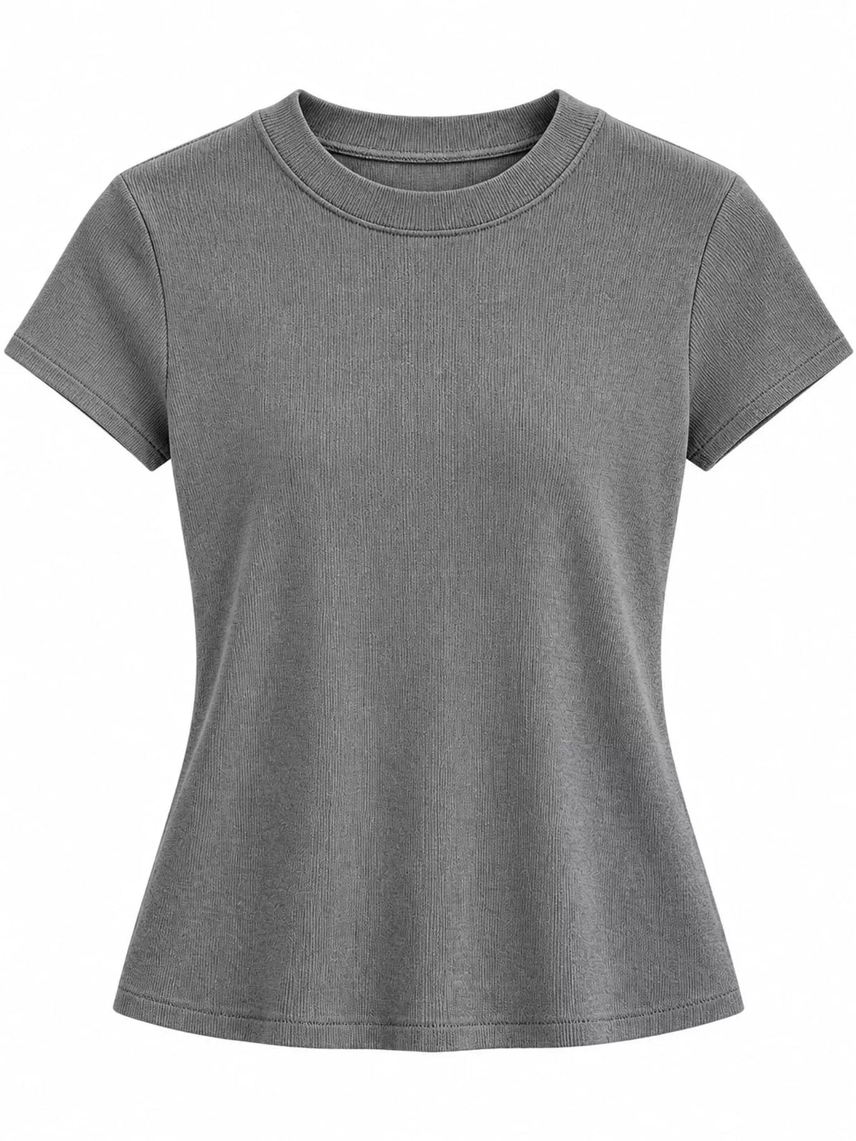 Gray slim-fit crew neck T-shirt shown from the front, side, and back.
