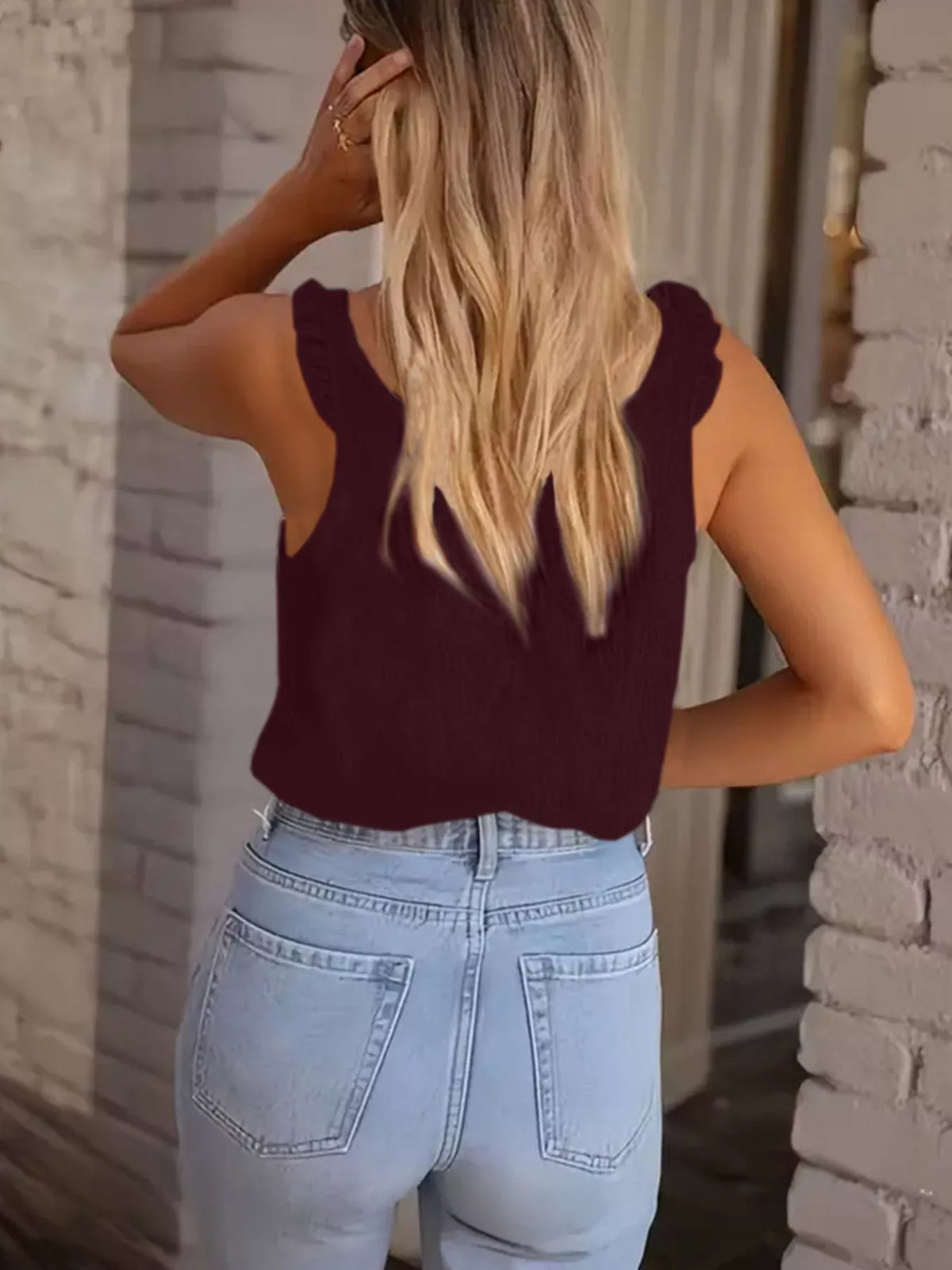 Burgundy tank back view showing straps