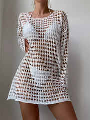 White crochet long-sleeve cover-up dress, front view