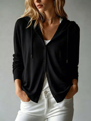 Black hooded button-down cardigan with drawstrings, modeled front view