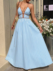 Blue striped maxi dress, rear view with smocked bodice