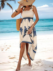 Full-length view of blue and cream printed maxi dress