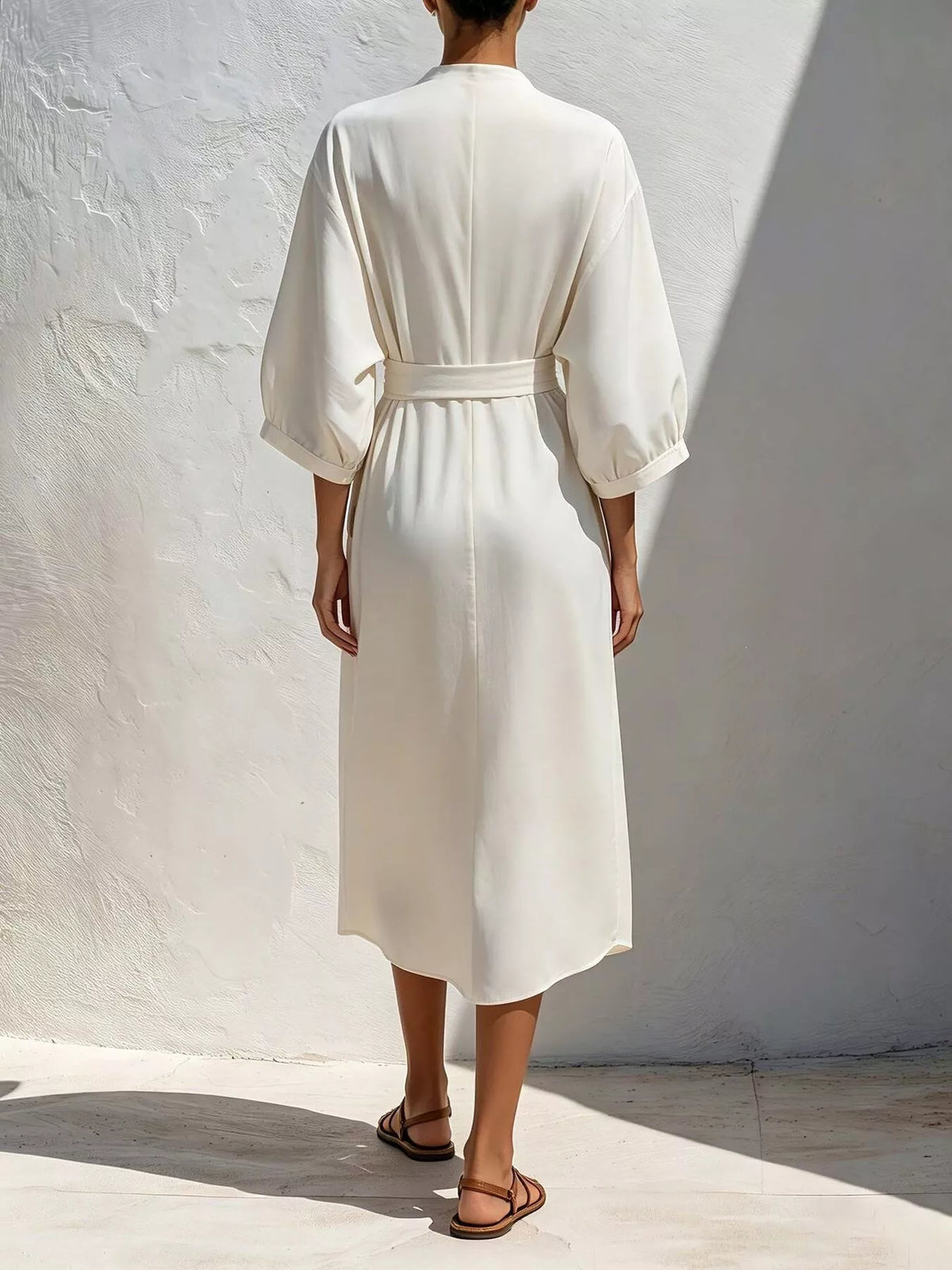 Back view of white midi dress showing gathered tie waist