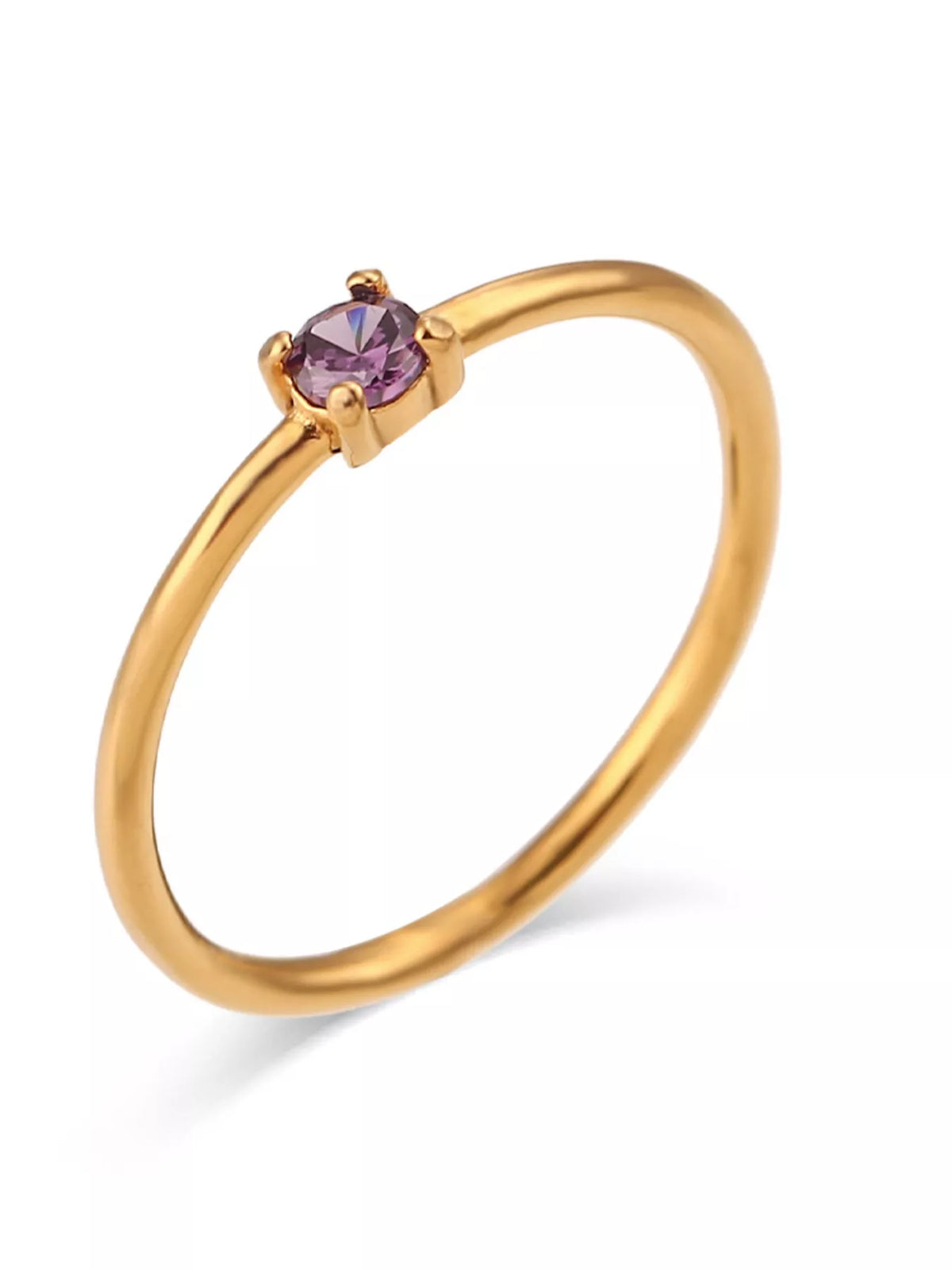 Gold-tone ring with a purple round stone, product view