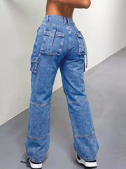 Rear view of blue cargo jeans showing oversized back pockets and wide legs
