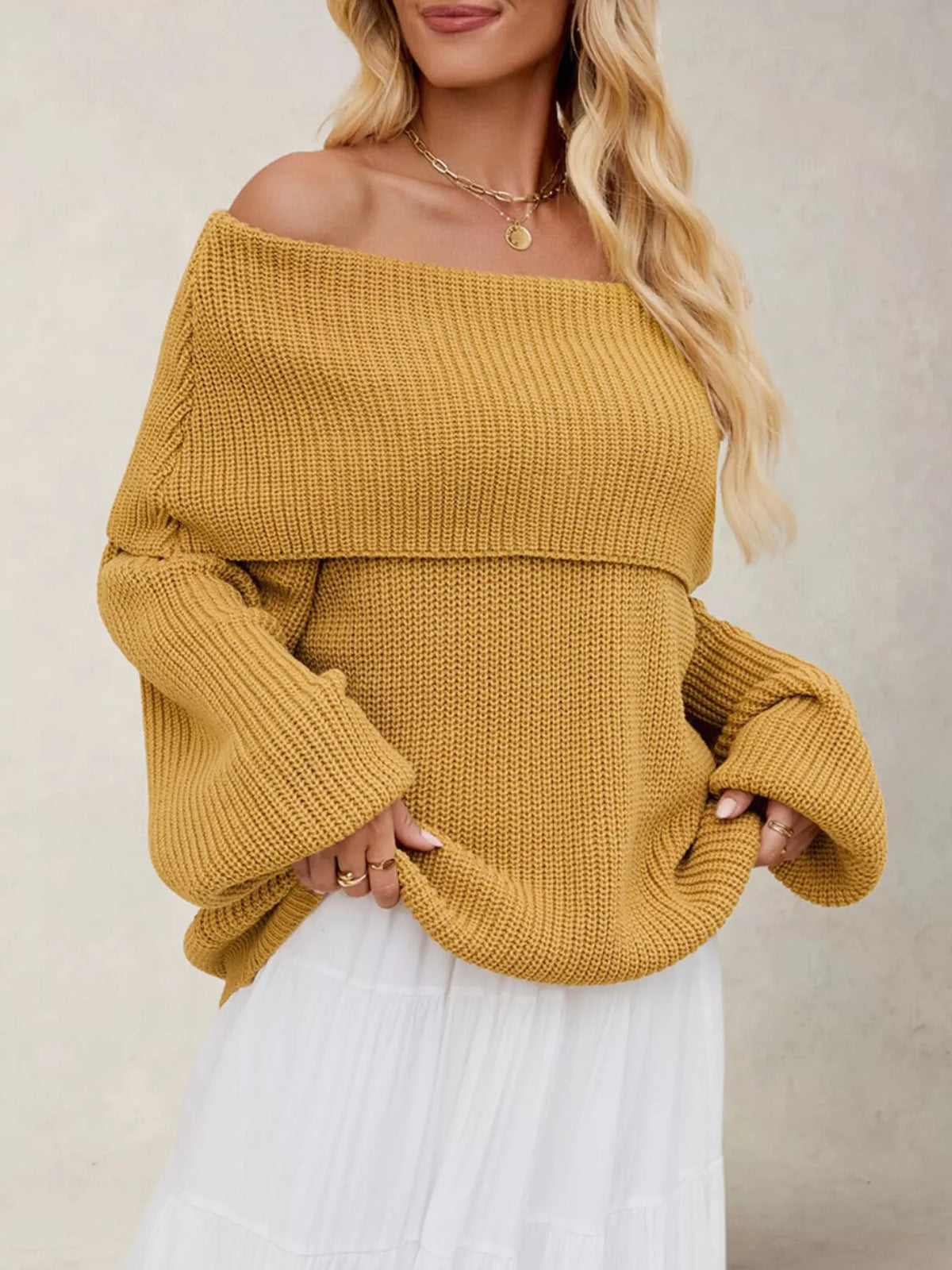 Mustard off-shoulder ribbed sweater with wide folded neckline