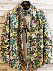 Dark shirt with green and pink botanical print, front view