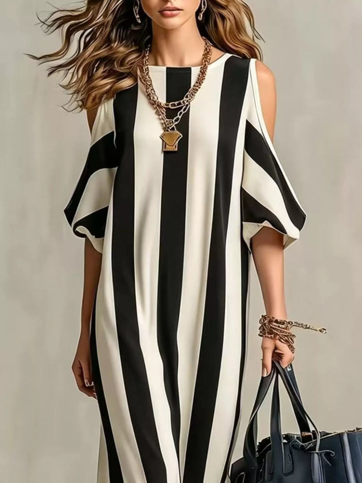 Front view of black and white striped maxi dress with shoulder cutouts