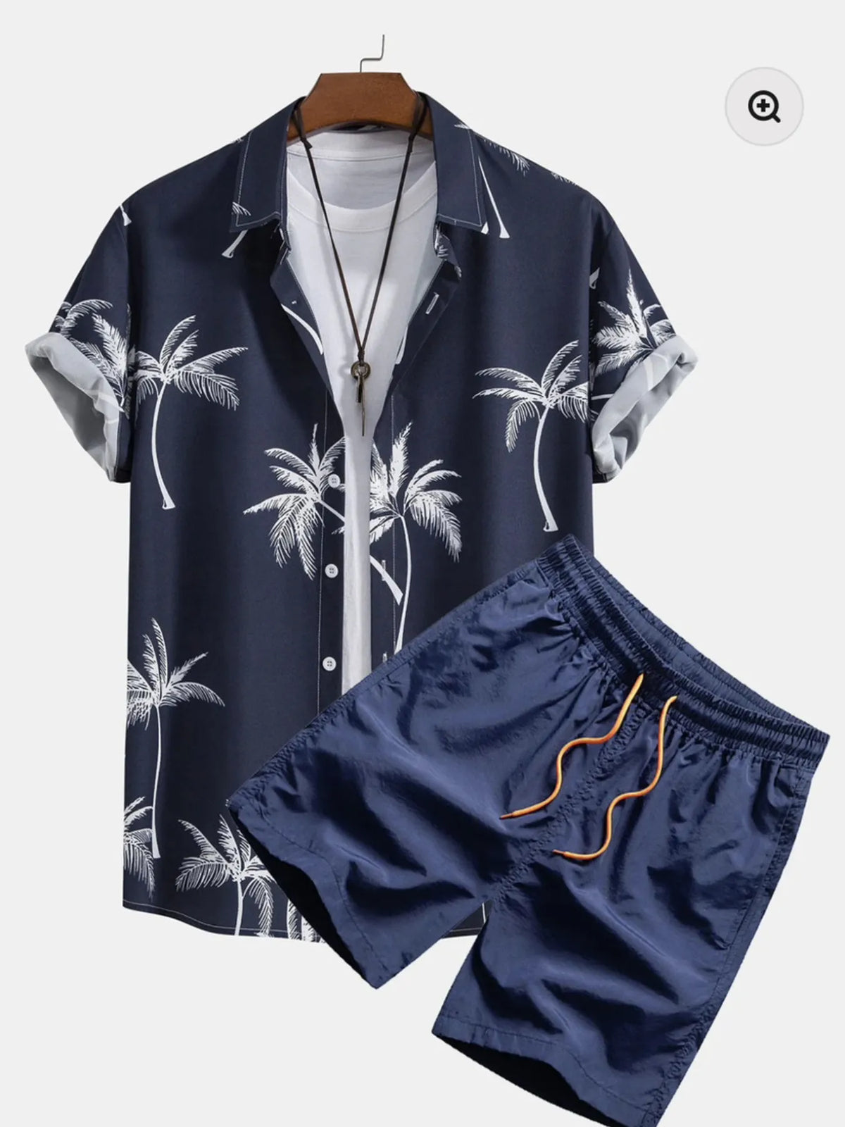 Navy short-sleeve button-front shirt and shorts with white palm tree print