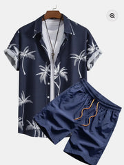 Navy short-sleeve button-front shirt and shorts with white palm tree print