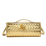 Gold woven flap crossbody bag with gold-tone clasp