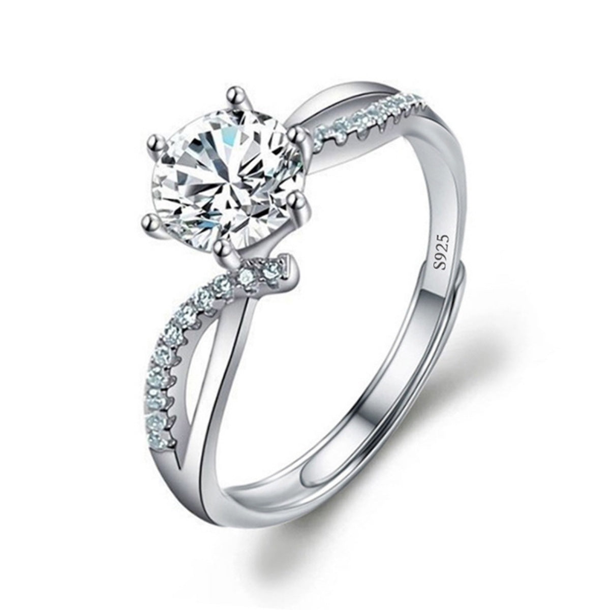 925 sterling silver moissanite ring with pavé details on white background