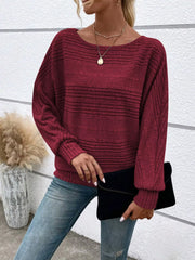 Women’s ribbed round-neck long-sleeve top in burgundy side pose