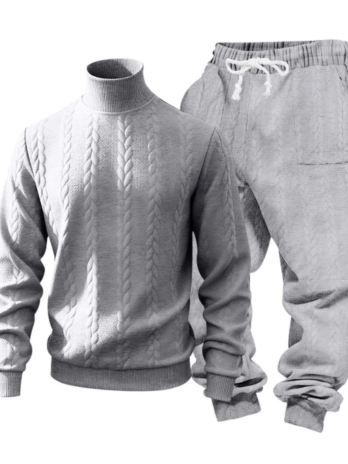 Light gray cable-knit mock-neck sweater and matching drawstring joggers displayed flat.
