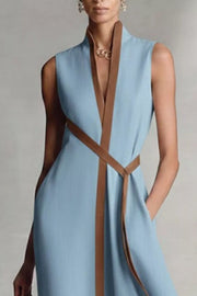 Dusty blue sleeveless contrast-trim midi dress