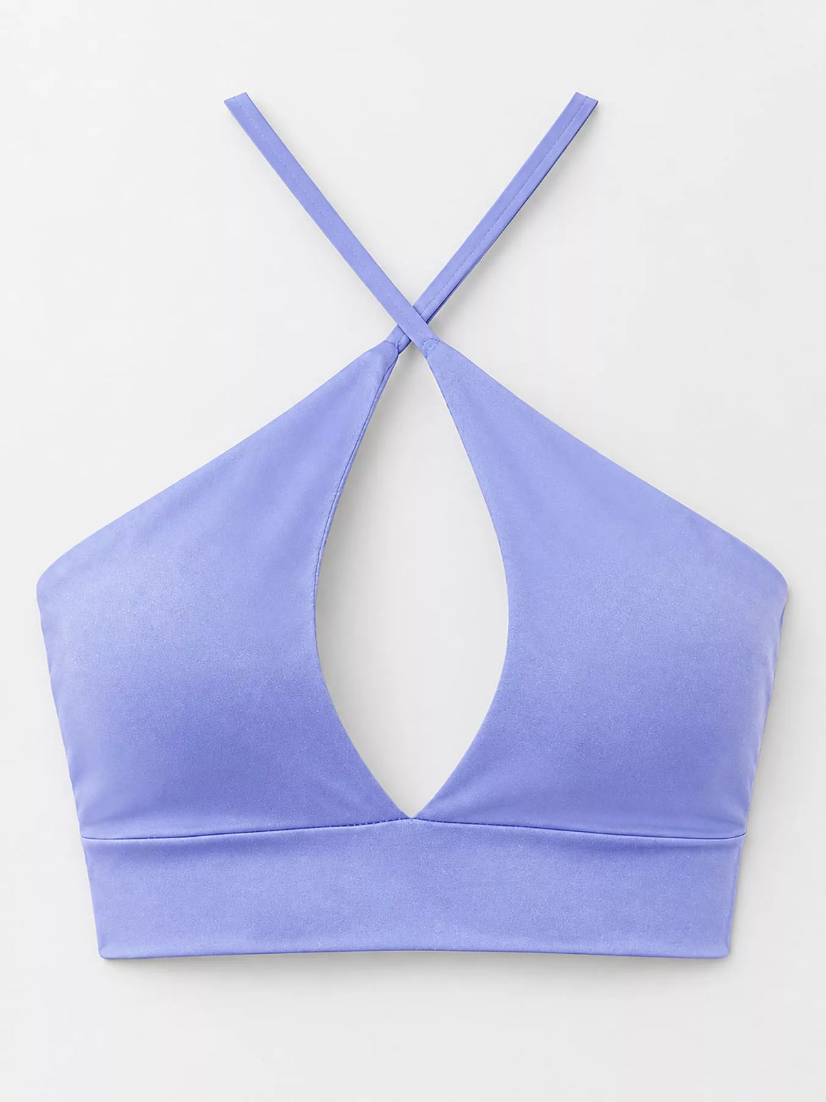 Lavender halter crop cami displayed front with teardrop cutout