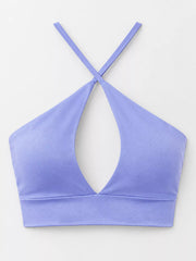 Lavender halter crop cami displayed front with teardrop cutout