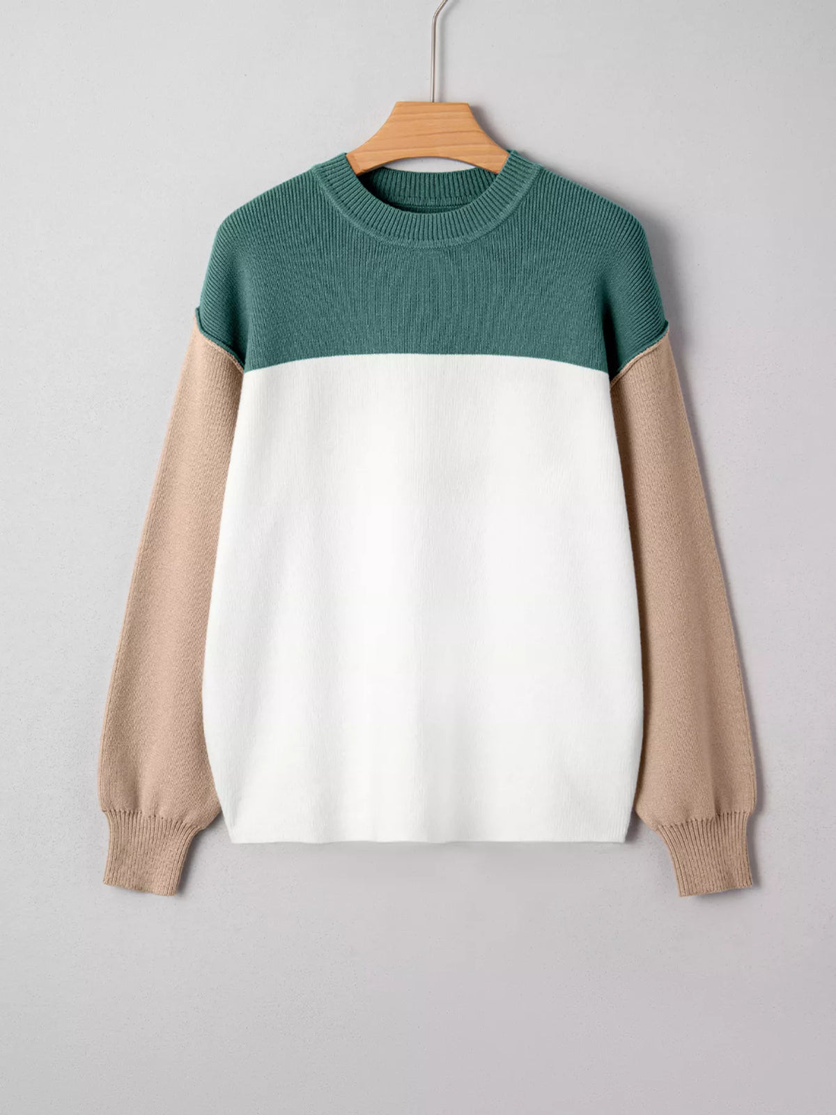 Front view of teal, ivory and taupe sweatshirt on hanger