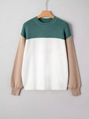 Front view of teal, ivory and taupe sweatshirt on hanger
