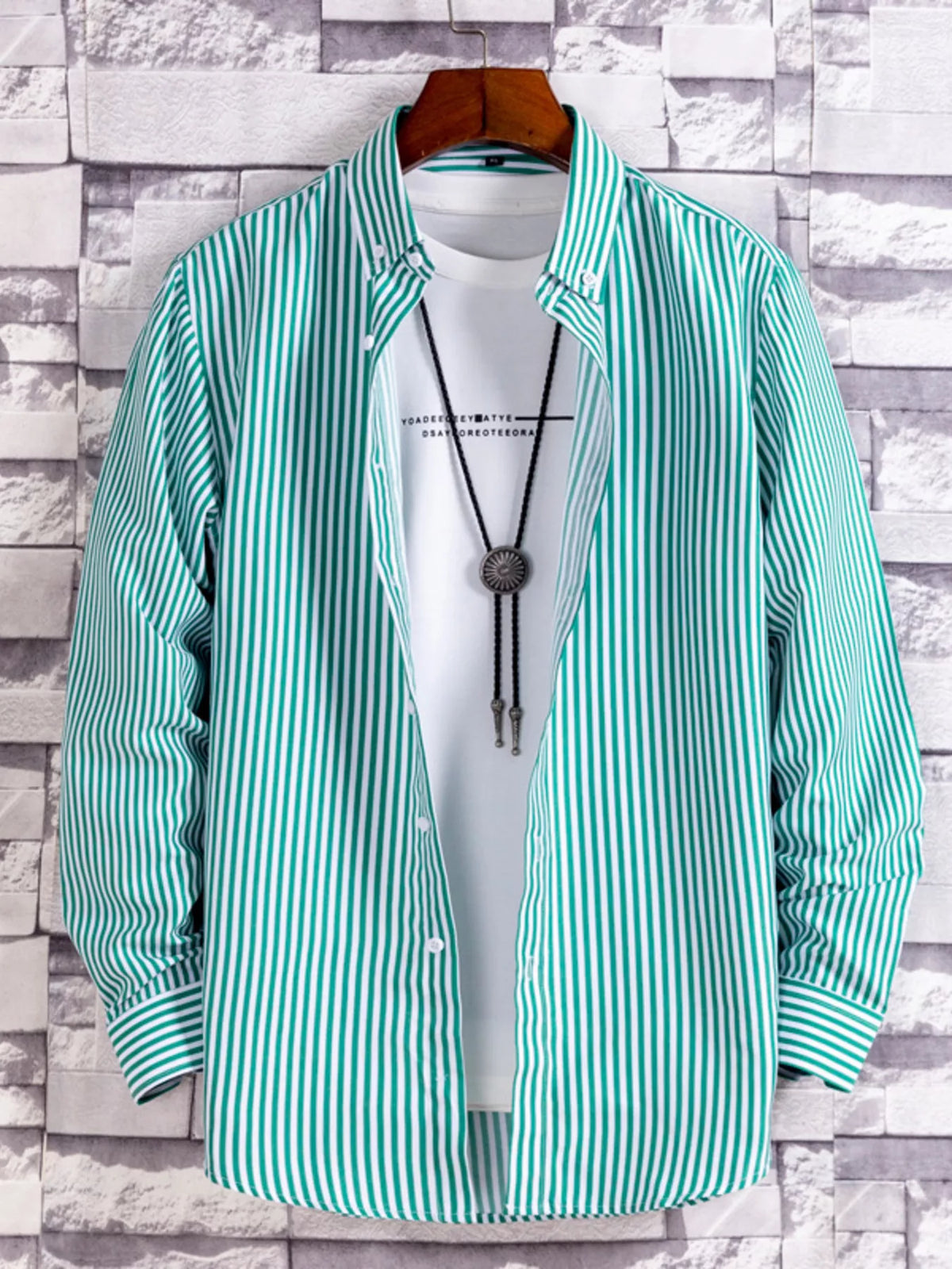Green-and-white vertically striped button-up shirt, front view