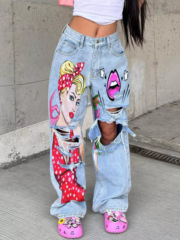 Light-blue distressed wide-leg jeans with colorful art print