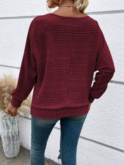 Women’s ribbed round-neck long-sleeve top in burgundy back view