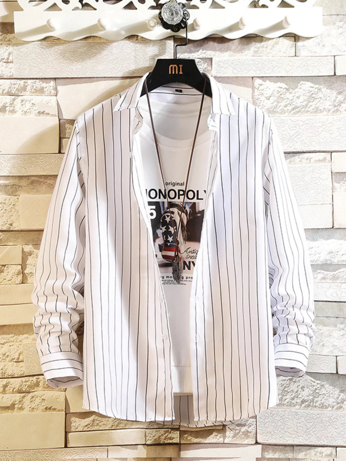 White shirt with thin gray vertical stripes, front view