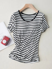 Black-and-white striped short-sleeve shirt on hanger