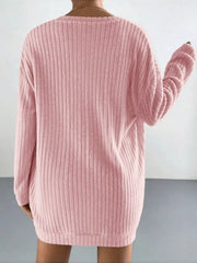 Back view of the pink longline ribbed cardigan from the three-piece set