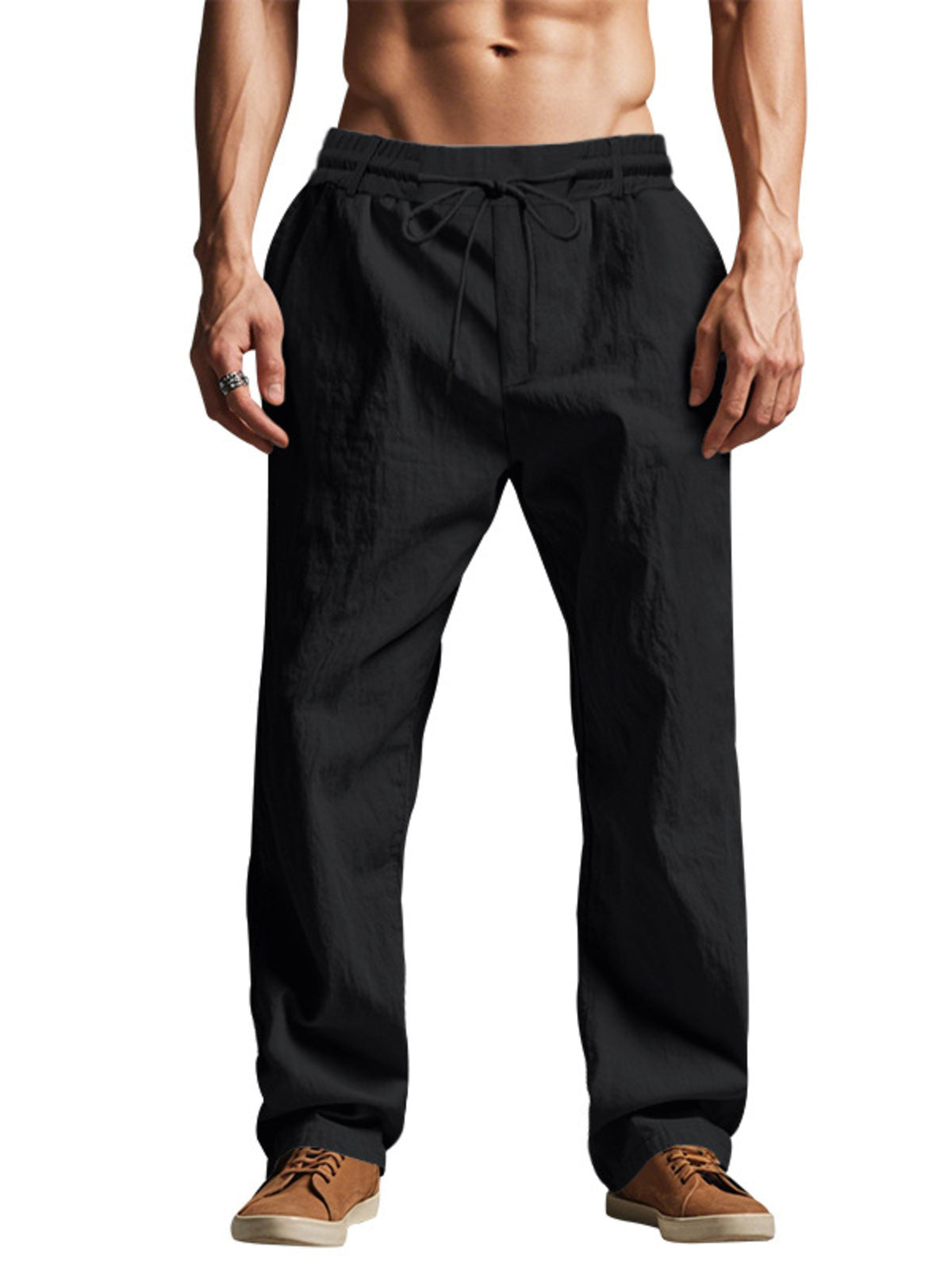 Model wearing black pants, rear view