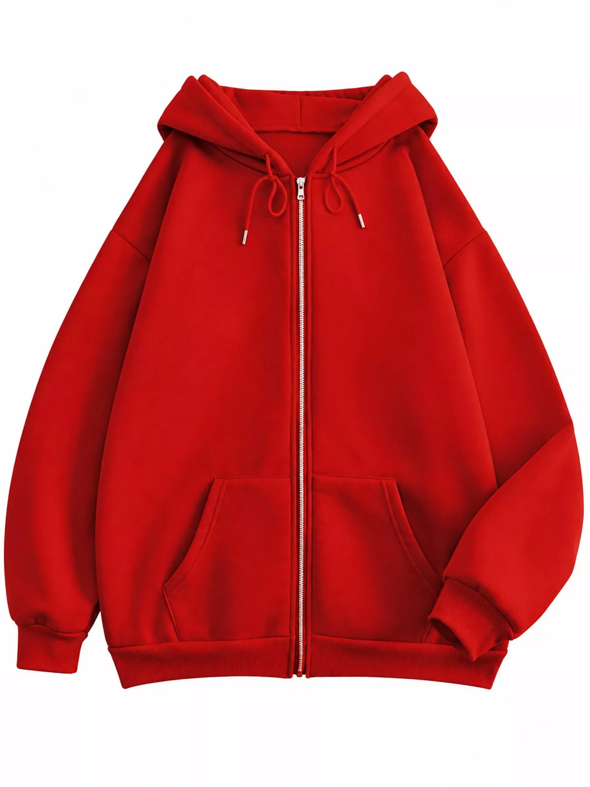 Front view of the red oversized hoodie with full-length zipper and kangaroo pockets