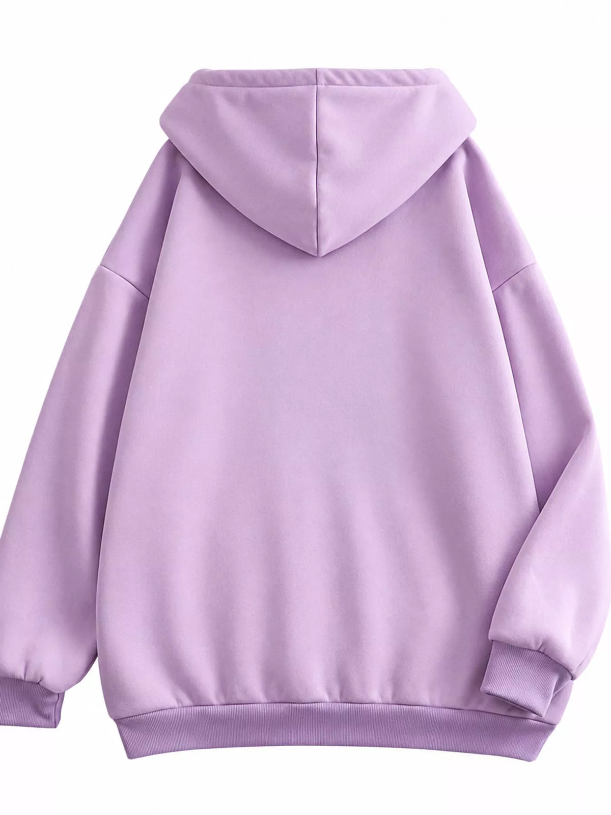 Back view of the lavender hoodie with large hood and ribbed hem