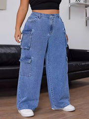 Angled view of light blue wide-leg cargo jeans showing two flap pockets down one leg.