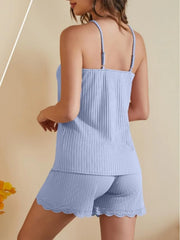 Lace-Trimmed Ribbed Cami & Shorts Lounge Set: Back view of lavender cami and shorts showing lace hems.