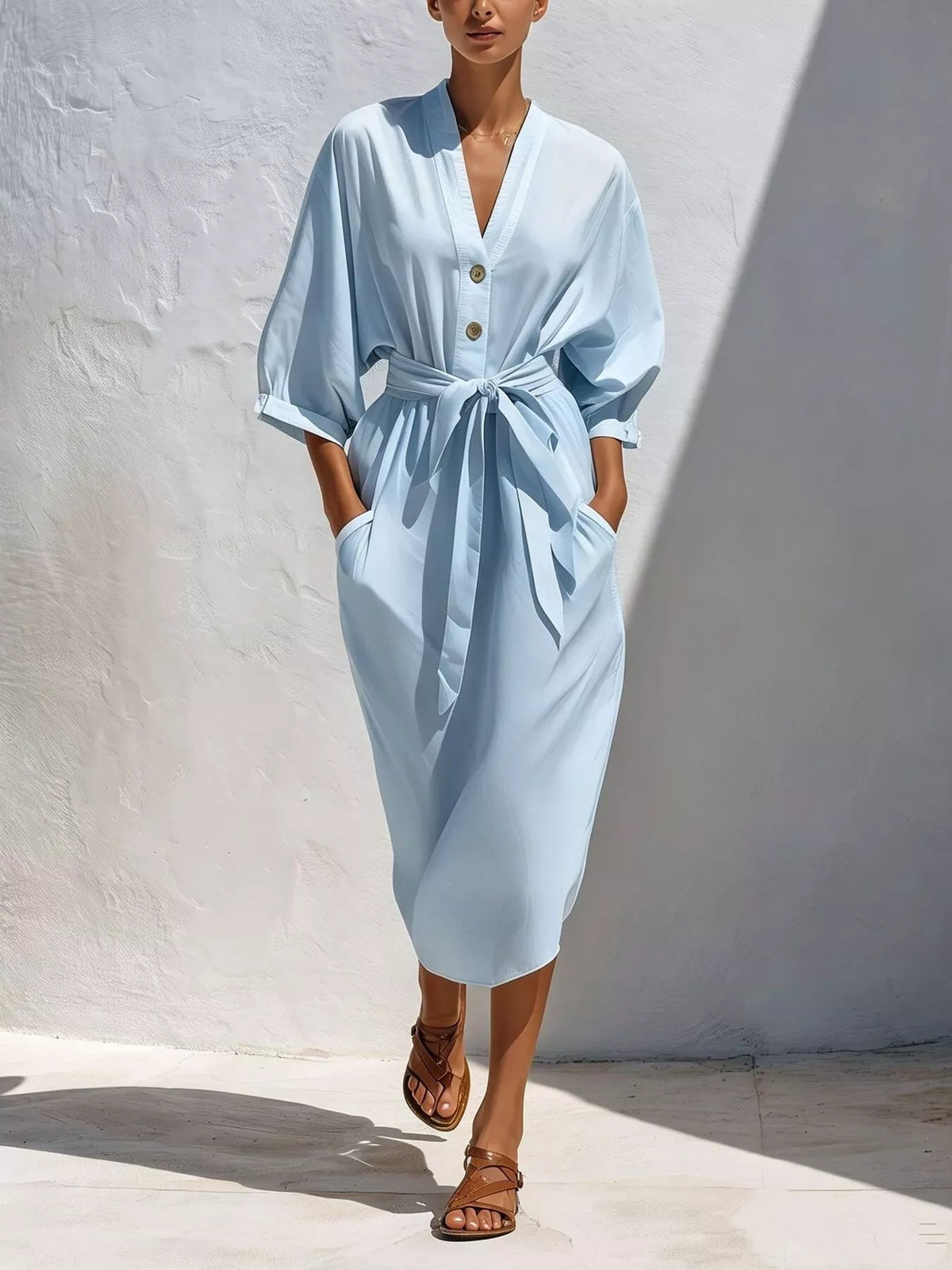 Light blue button-front midi dress with self-tie waist