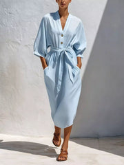 Light blue button-front midi dress with self-tie waist