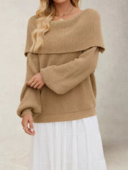 Khaki off-shoulder ribbed sweater with wide neckline