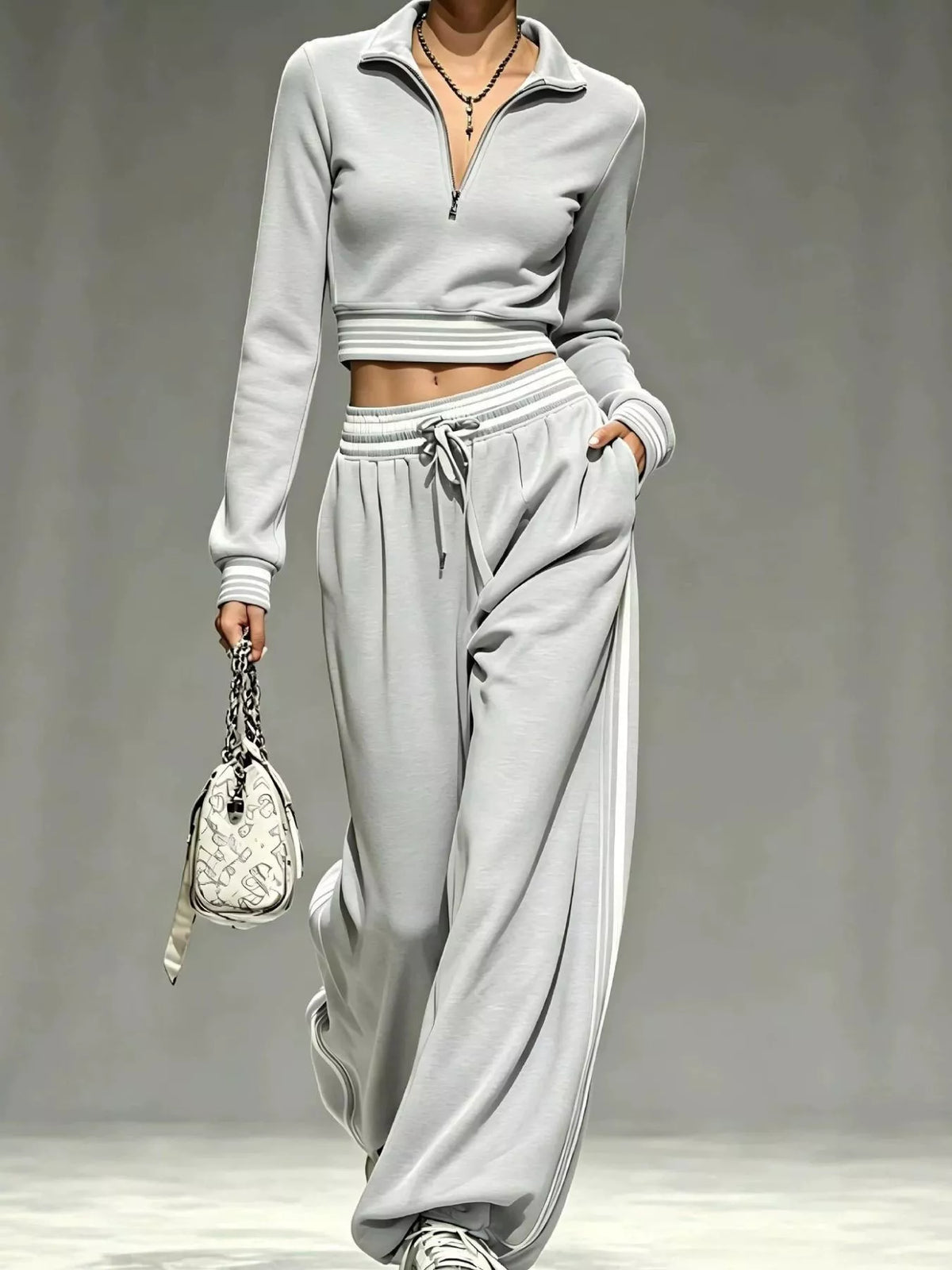 Model in navy half-zip crop top and pants set, close front view