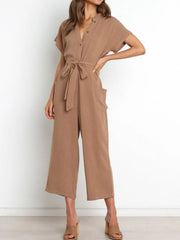 Women's notched short-sleeve tie-waist jumpsuit, camel front view